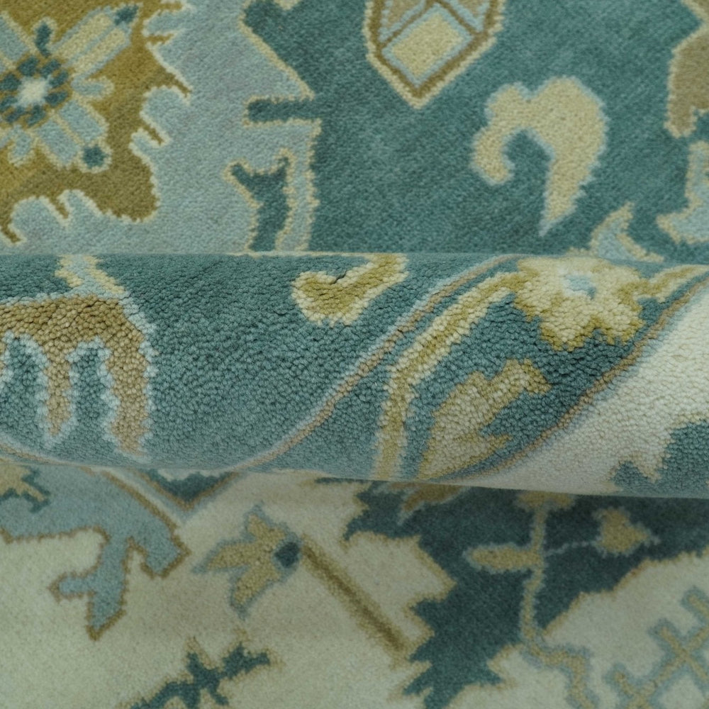 Antique Style Hand Knotted Teal and Ivory Oushak Multi Size wool Rug