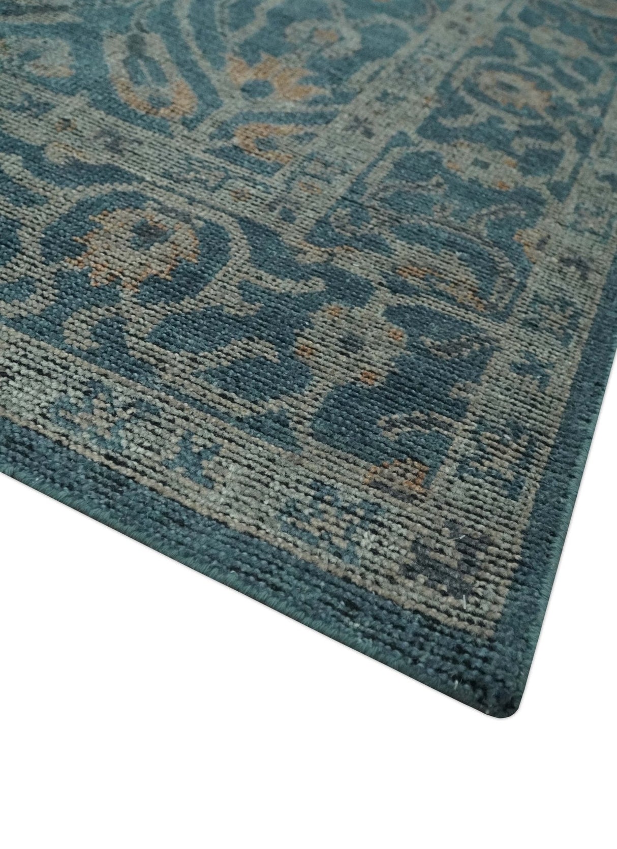 Antique Design Teal, Silver and Dark Peach Hand Knotted Traditional Design 8x10 wool Area rug