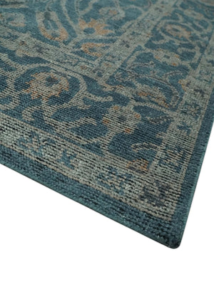 Antique Design Teal, Silver and Dark Peach Hand Knotted Traditional Design 8x10 wool Area rug