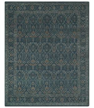 Antique Design Teal, Silver and Dark Peach Hand Knotted Traditional Design 8x10 wool Area rug