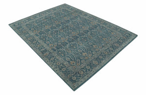 Antique Design Teal, Silver and Dark Peach Hand Knotted Traditional Design 8x10 wool Area rug