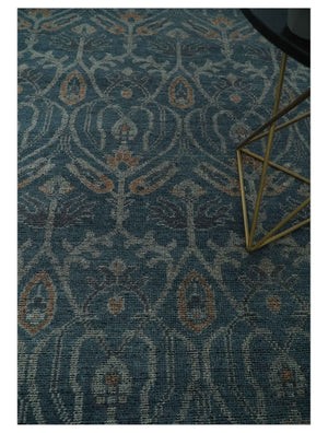 Antique Design Teal, Silver and Dark Peach Hand Knotted Traditional Design 8x10 wool Area rug