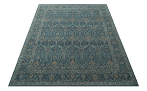 Antique Design Teal, Silver and Dark Peach Hand Knotted Traditional Design 8x10 wool Area rug