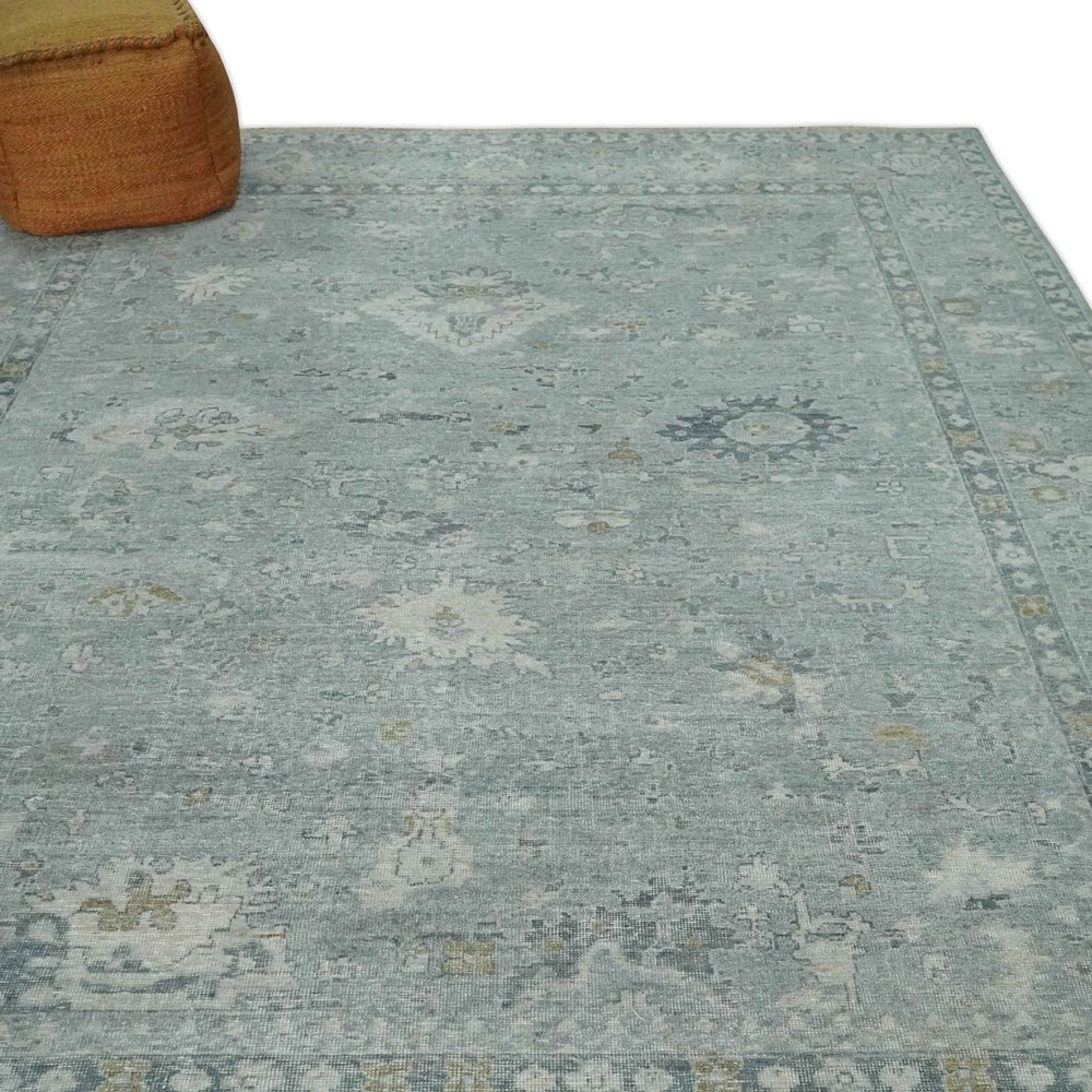Distressed finished 8x10 Gray and Silver Low Pile wool Rug