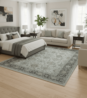 Antique Distressed style Ivory, Charcoal and Beige Low Pile 8x10 wool Area Rug