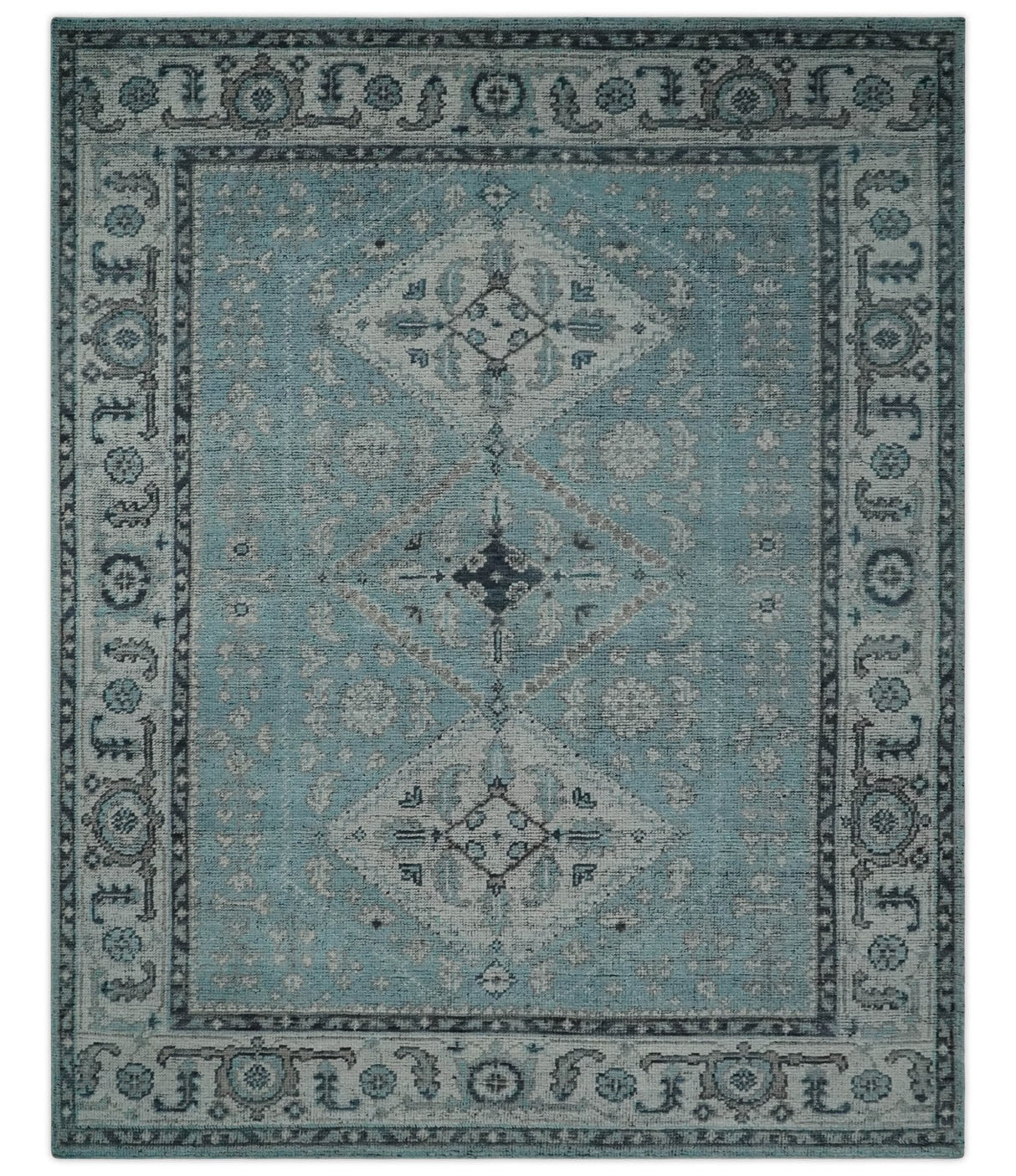 Antique Finish Hand Knotted 8x10 Blue, Silver and Charcoal Traditional Low Pile Wool Area Rug