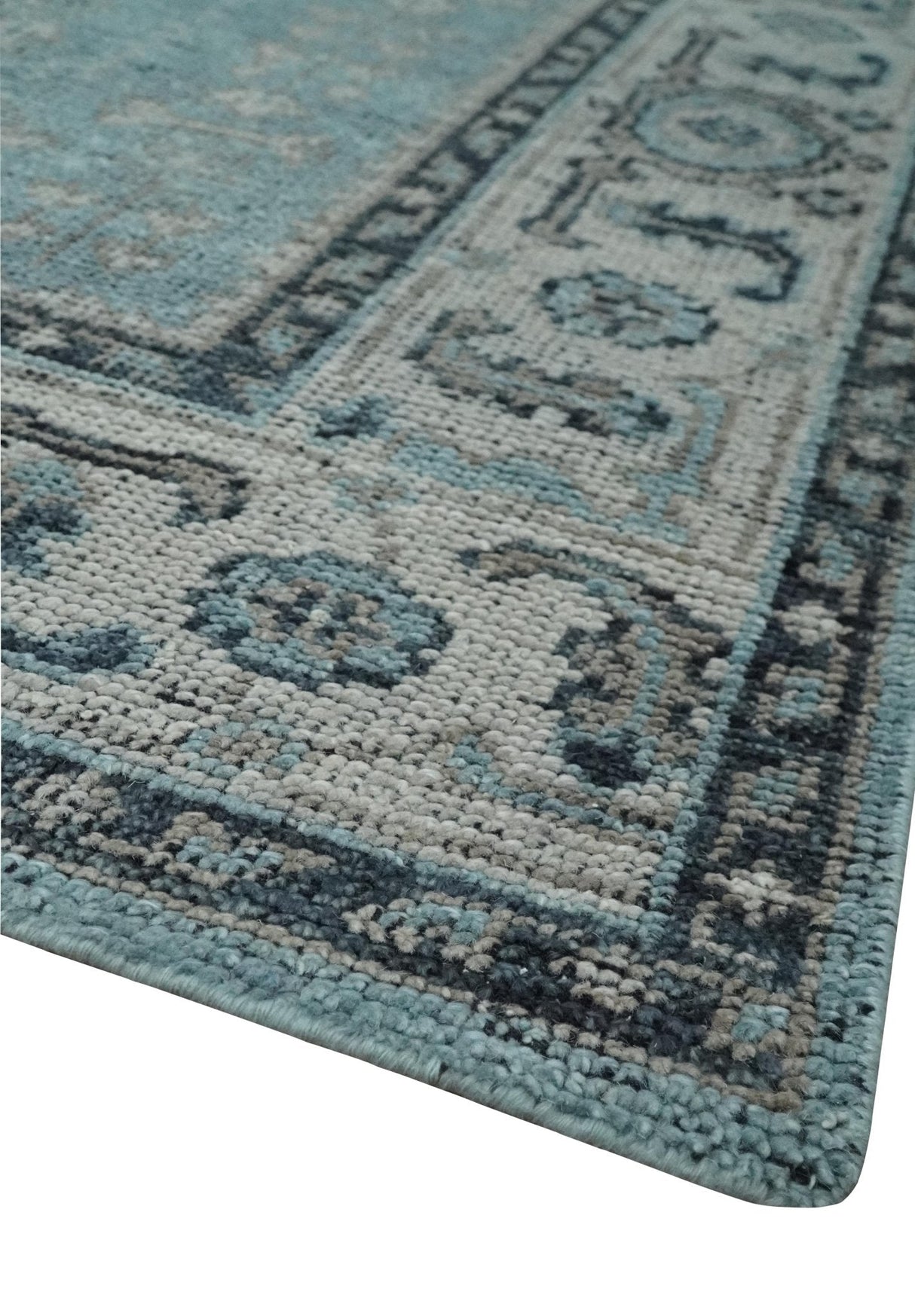 Antique Finish Hand Knotted 8x10 Blue, Silver and Charcoal Traditional Low Pile Wool Area Rug