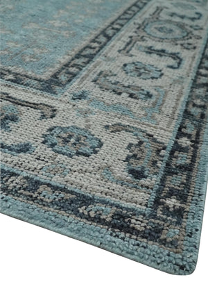 Antique Finish Hand Knotted 8x10 Blue, Silver and Charcoal Traditional Low Pile Wool Area Rug