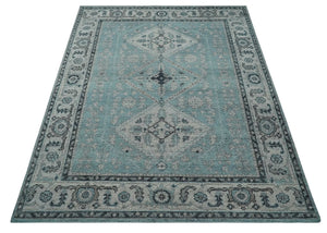 Antique Finish Hand Knotted 8x10 Blue, Silver and Charcoal Traditional Low Pile Wool Area Rug