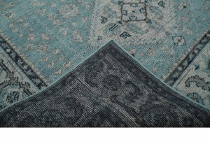 Antique Finish Hand Knotted 8x10 Blue, Silver and Charcoal Traditional Low Pile Wool Area Rug