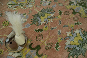Antique Floral Peach, Green, Mustard and Ivory Hand Knotted 9x12 wool area Rug