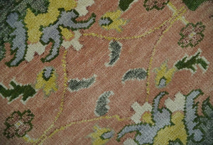 Antique Floral Peach, Green, Mustard and Ivory Hand Knotted 9x12 wool area Rug