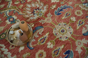 Antique Floral Style Rust, Teal, Ivory and Olive Hand Knotted Oriental Oushak 8x10 Wool Area Rug