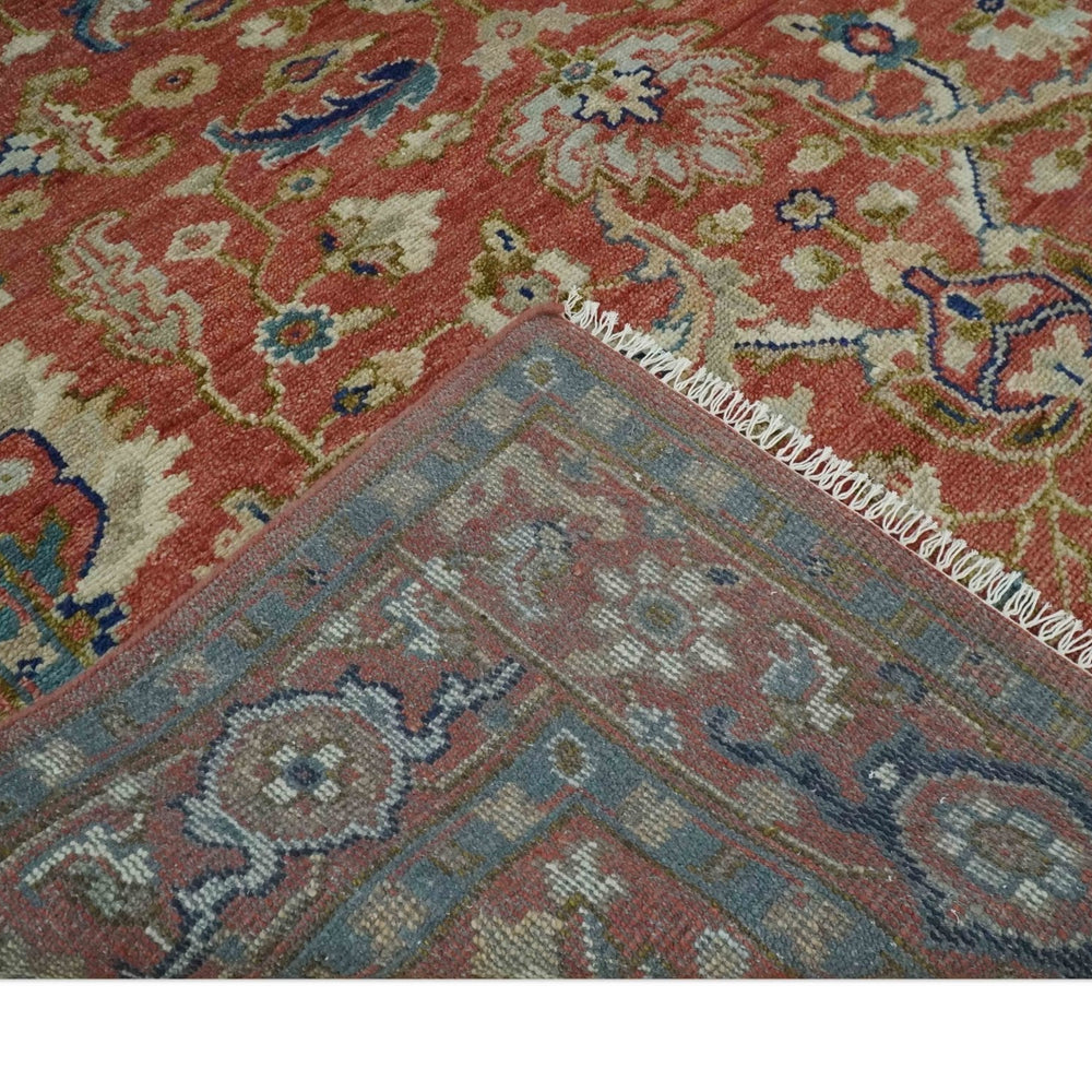 Antique Floral Style Rust, Teal, Ivory and Olive Hand Knotted Oriental Oushak 8x10 Wool Area Rug