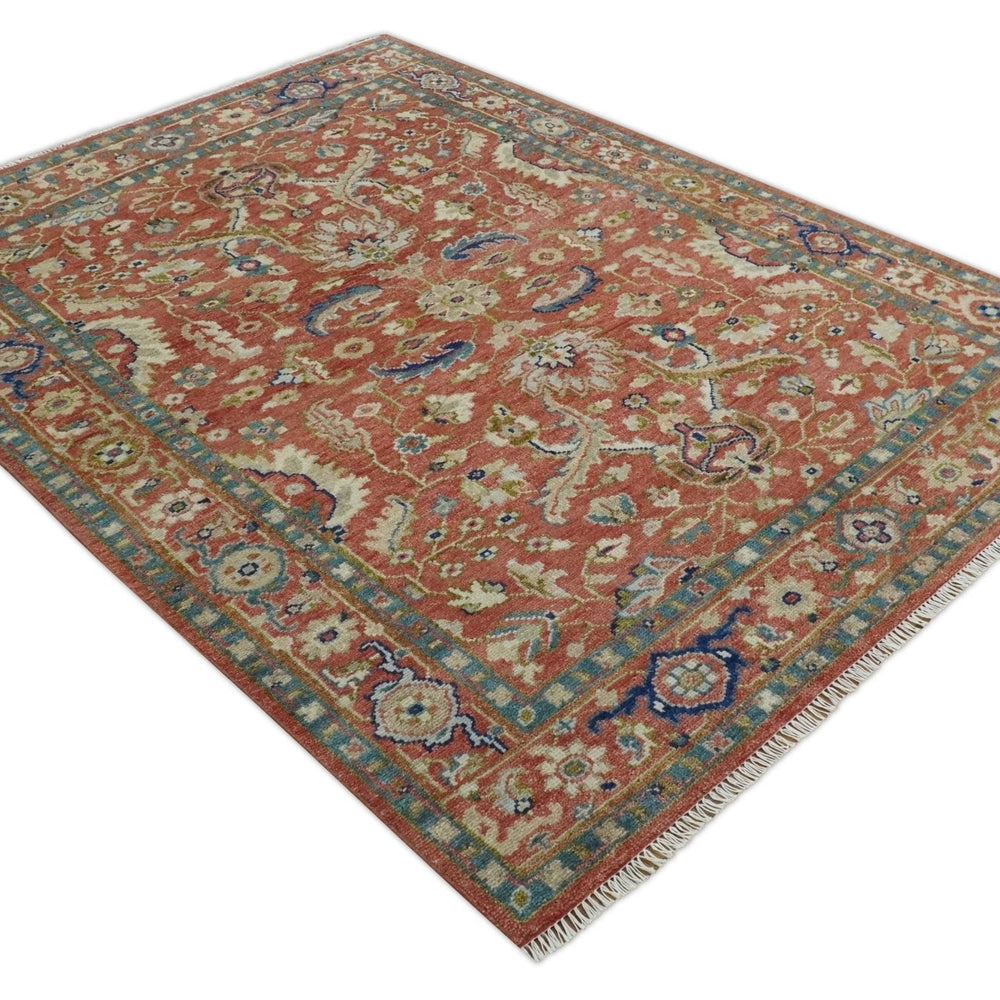 Antique Floral Style Rust, Teal, Ivory and Olive Hand Knotted Oriental Oushak 8x10 Wool Area Rug