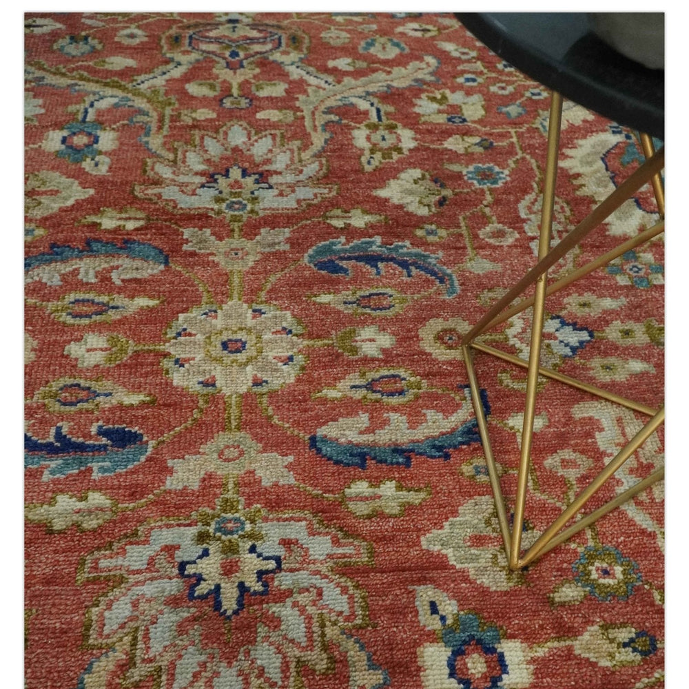 Antique Floral Style Rust, Teal, Ivory and Olive Hand Knotted Oriental Oushak 8x10 Wool Area Rug