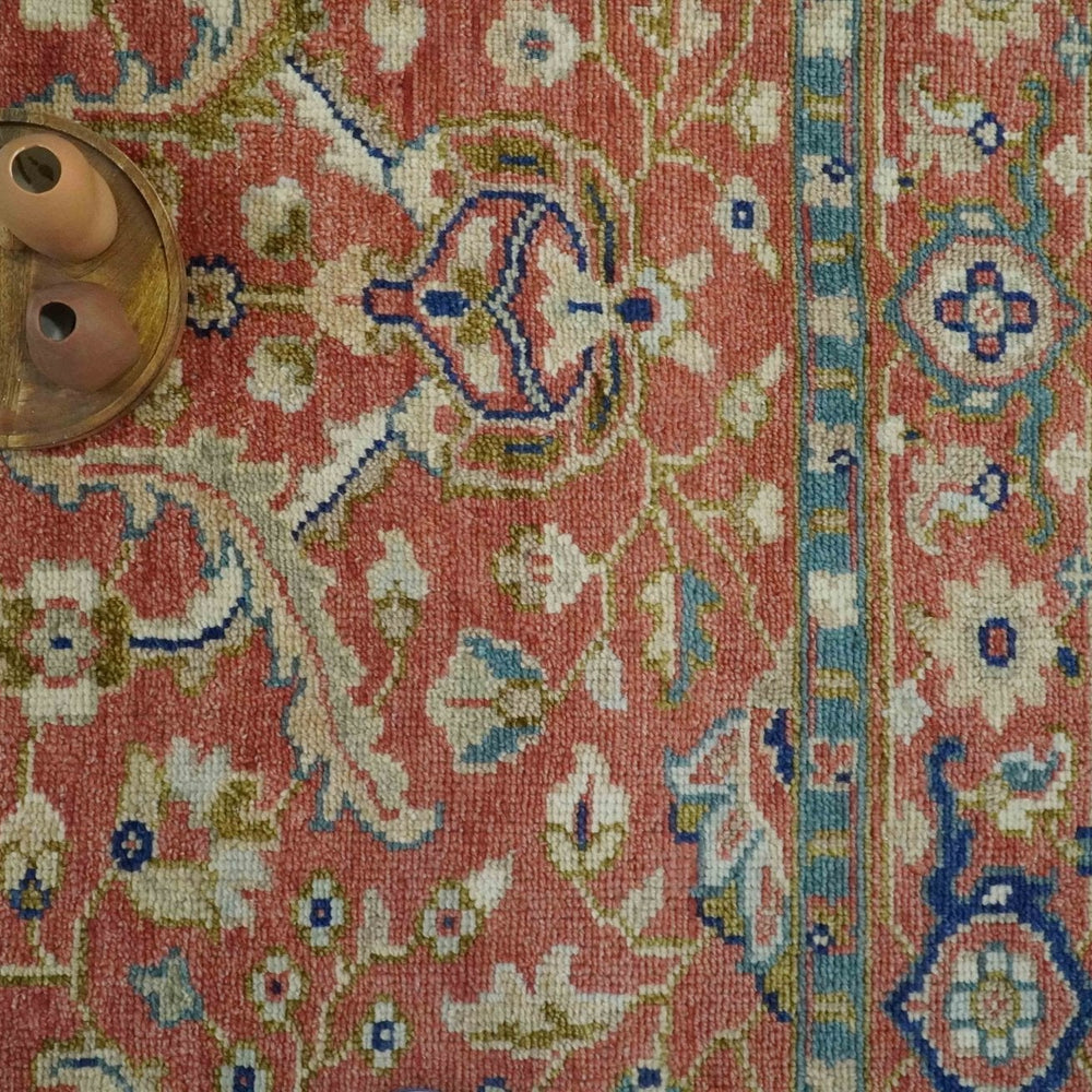 Antique Floral Style Rust, Teal, Ivory and Olive Hand Knotted Oriental Oushak 8x10 Wool Area Rug