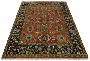 Custom Made Hand Knotted Rust and Black Traditional Wool Rug