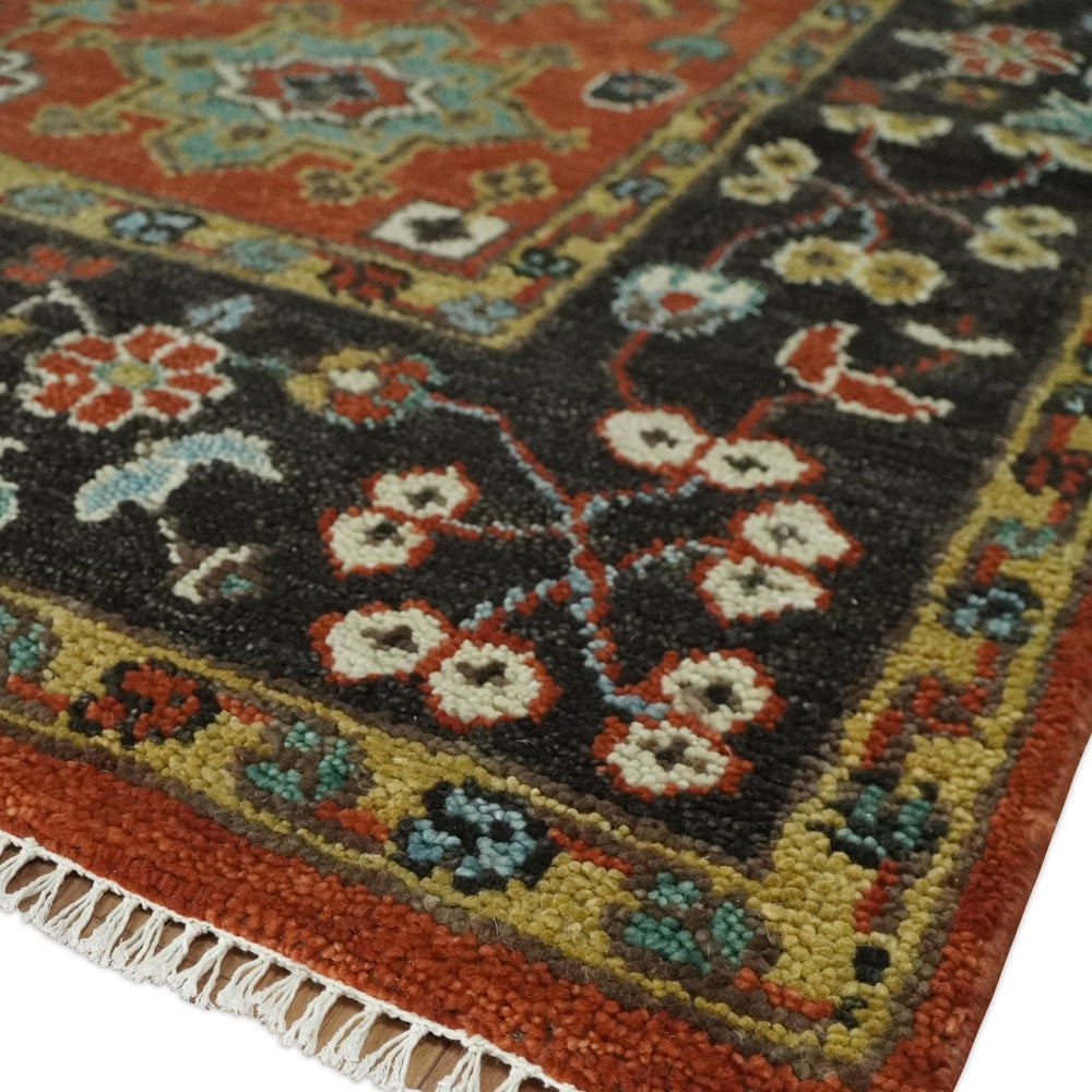 Custom Made Hand Knotted Rust and Black Traditional Wool Rug