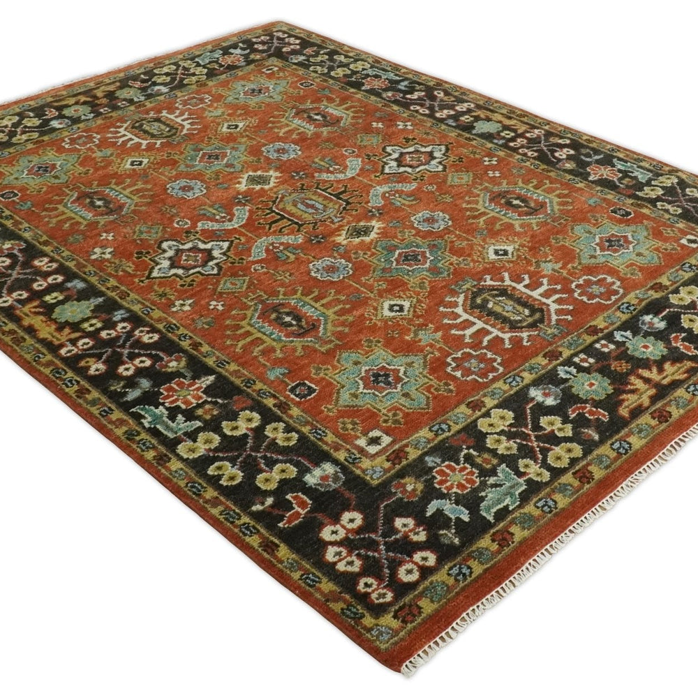 Custom Made Hand Knotted Rust and Black Traditional Wool Rug