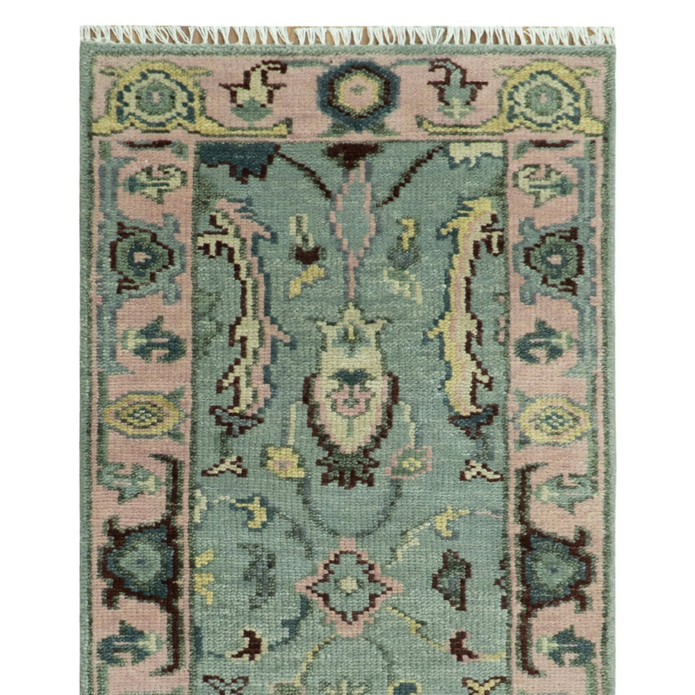 Custom Made Runner Seafoam And Peach Oushak Hand Knotted Wool Rug