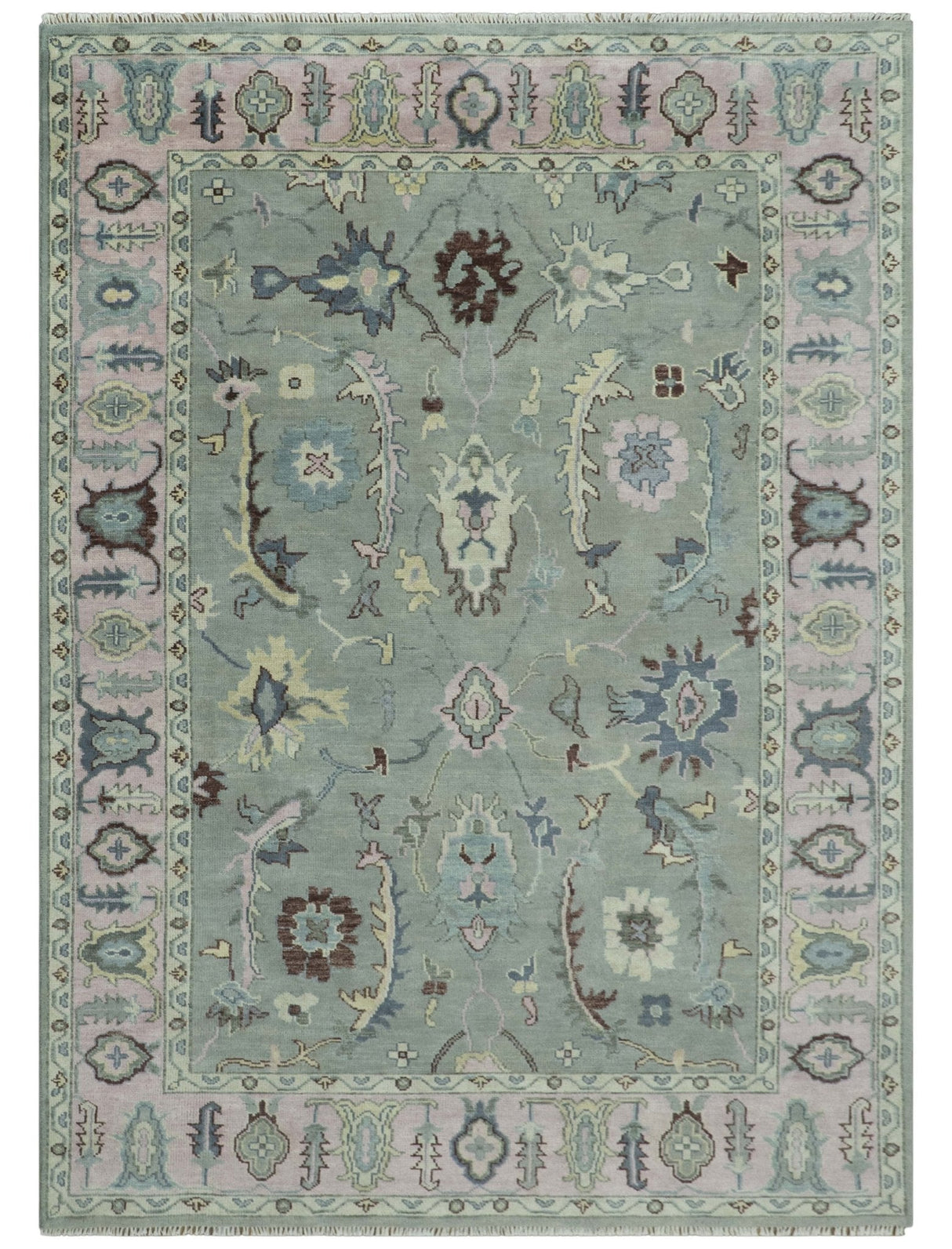 Antique Hand Knotted Green and Pink Traditional Oushak Multi Size Wool Area Rug