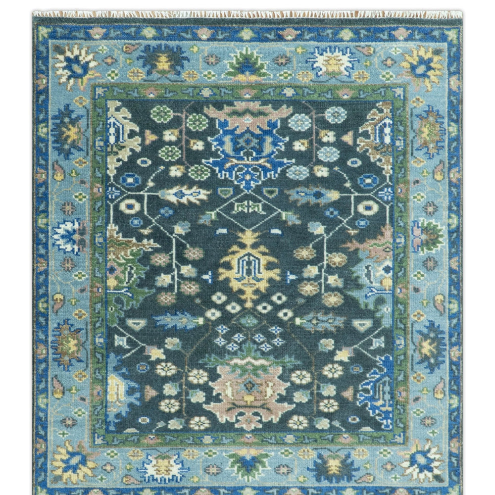 Antique Design Hand Knotted Green Moss and Blue Turkish Oushak Custom Made Wool Area Rug