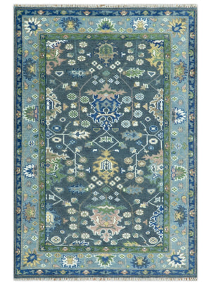 Antique Design Hand Knotted Green Moss and Blue Turkish Oushak Custom Made Wool Area Rug