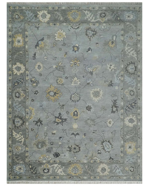 Antique Hand Knotted Silver and Charcoal Traditional Floral Oushak Wool Area Rug