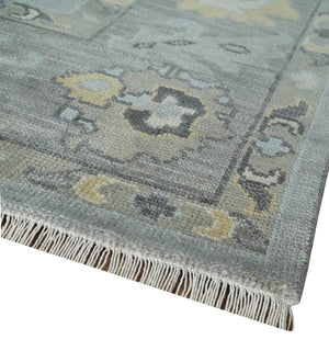Antique Hand Knotted Silver and Charcoal Traditional Floral Oushak Wool Area Rug