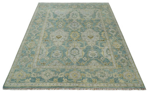Hand Knotted Traditional Turkish Oushak Blue And Beige Wool Rug