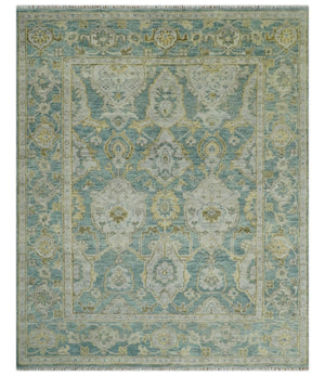 Hand Knotted Traditional Turkish Oushak Blue And Beige Wool Rug
