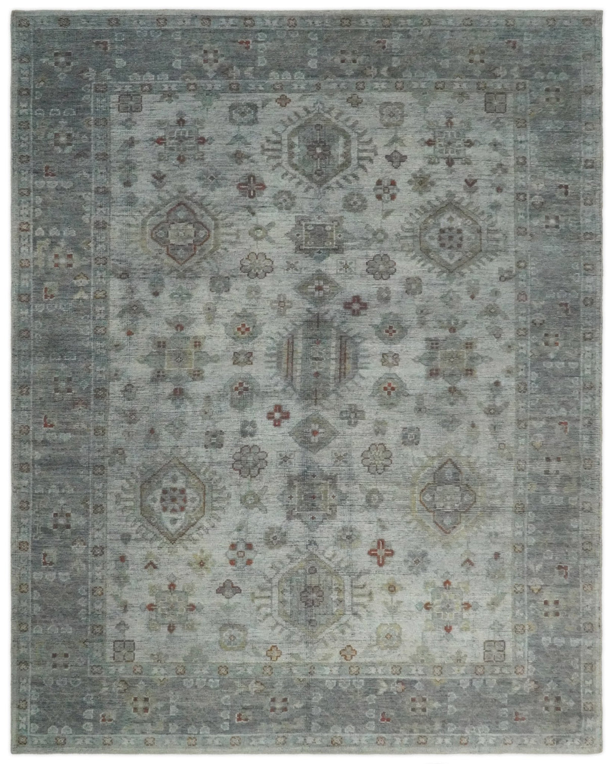 Distressed Hand Knotted Traditional  Silver and Rust Custom Made Wool Area Rug