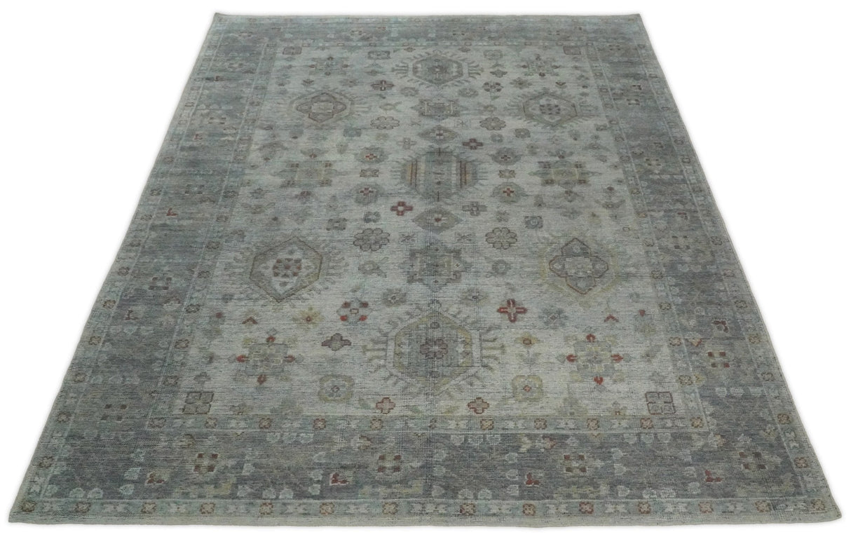 Distressed Hand Knotted Traditional  Silver and Rust Custom Made Wool Area Rug