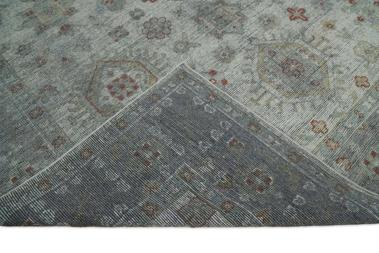 Distressed Hand Knotted Traditional  Silver and Rust Custom Made Wool Area Rug