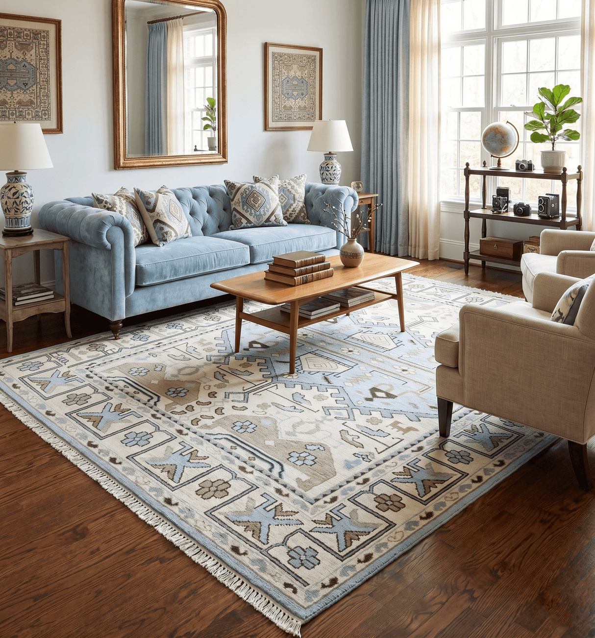 Antique Ivory and Blue Traditional Hand Knotted 8x10 Wool Area Rug