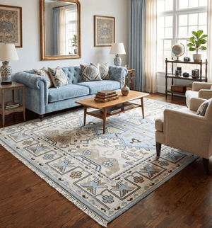 Antique Ivory and Blue Traditional Hand Knotted 8x10 Wool Area Rug