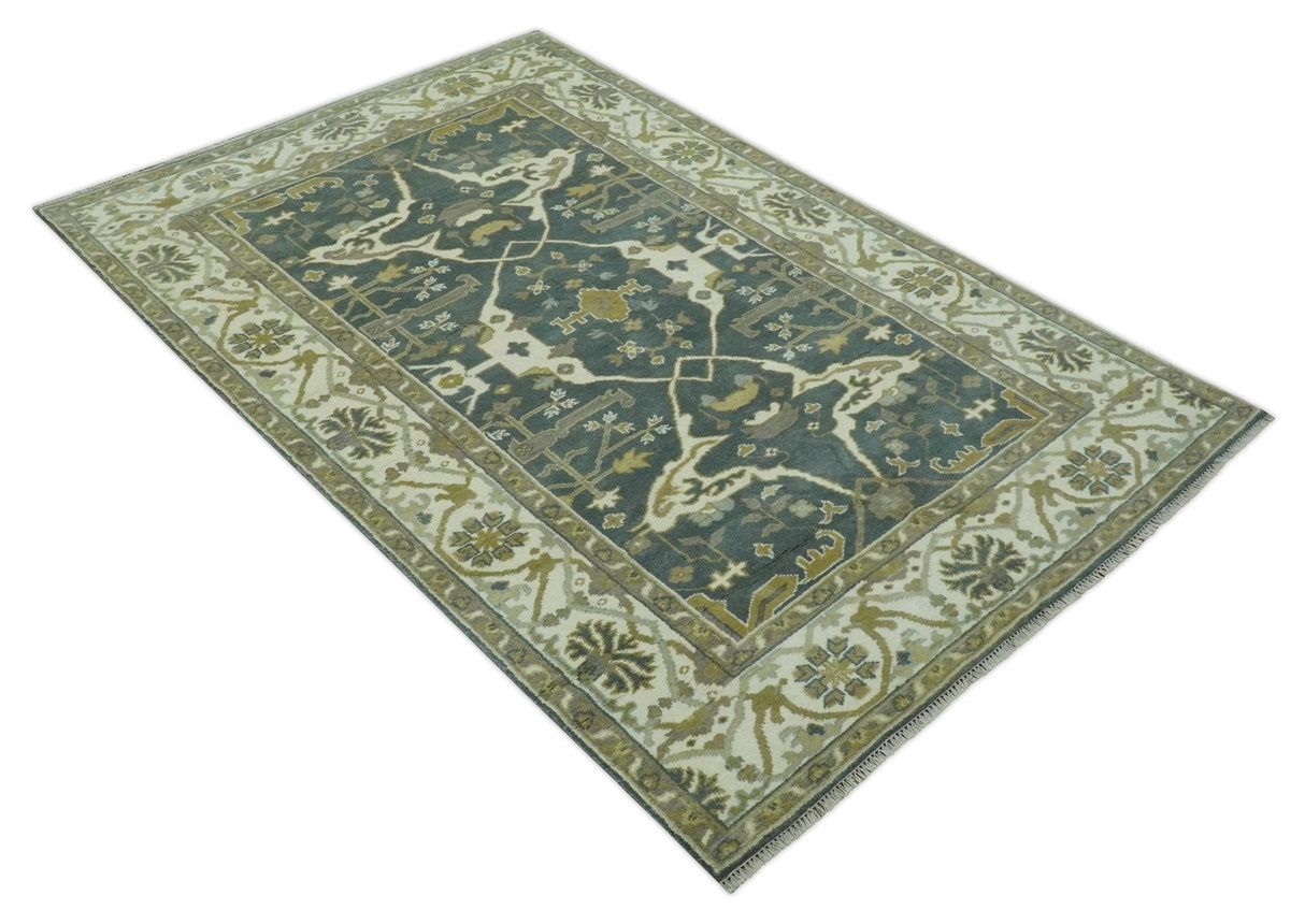 Antique look Charcoal, Ivory and Olive 6x9 Hand Knotted Traditional Oriental Oushak wool rug