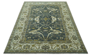 Antique look Charcoal, Ivory and Olive 6x9 Hand Knotted Traditional Oriental Oushak wool rug