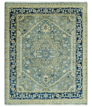 Antique look Gray, Olive and Blue 8x10 Traditional Heriz Hand Knotted wool Rug