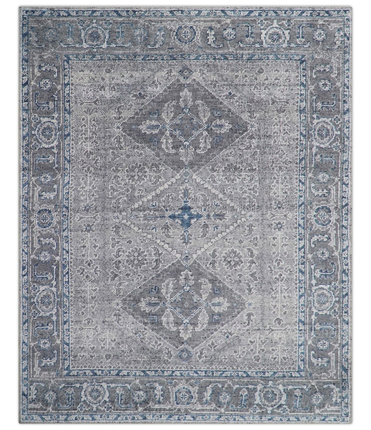 Antique Look Hand Knotted 8x10 Traditional Gray And Blue Wool Area Rug