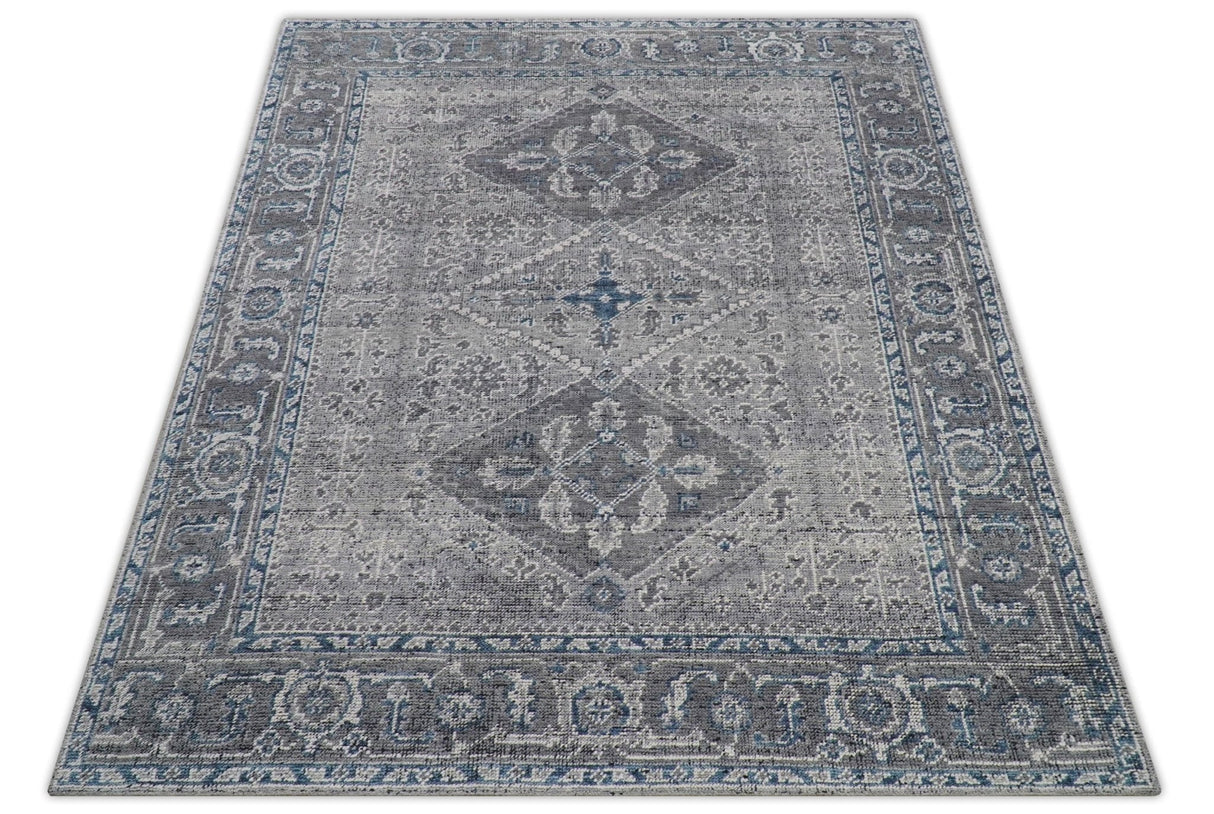 Antique Look Hand Knotted 8x10 Traditional Gray And Blue Wool Area Rug