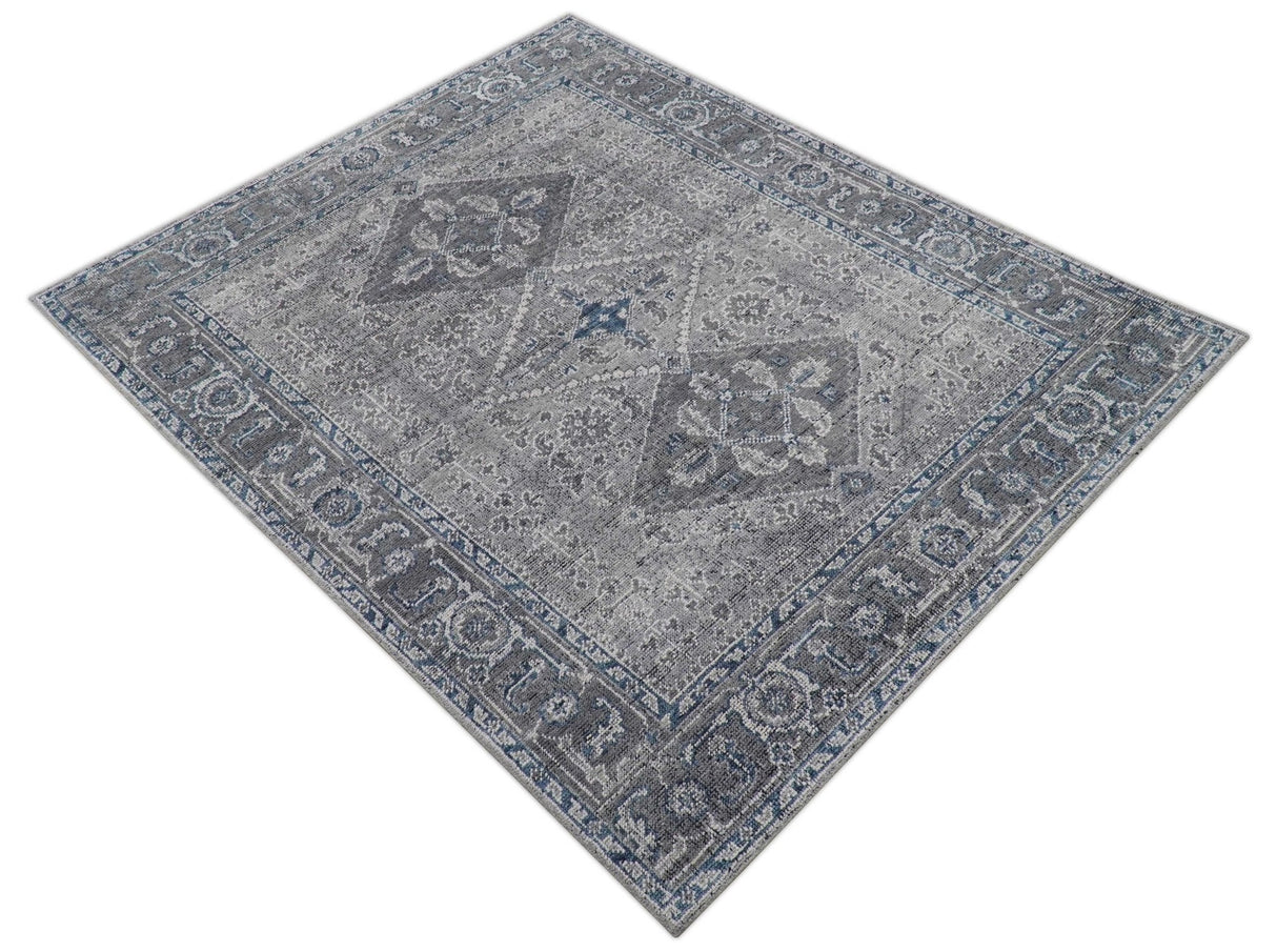 Antique Look Hand Knotted 8x10 Traditional Gray And Blue Wool Area Rug