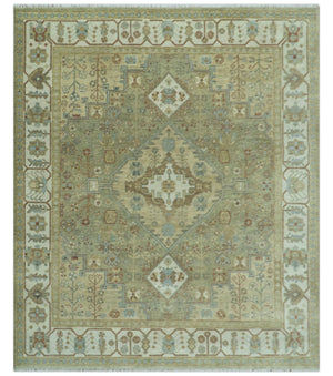 Antique Look Hand Knotted Medallion Olive and Ivory Vintage Style Wool Rug