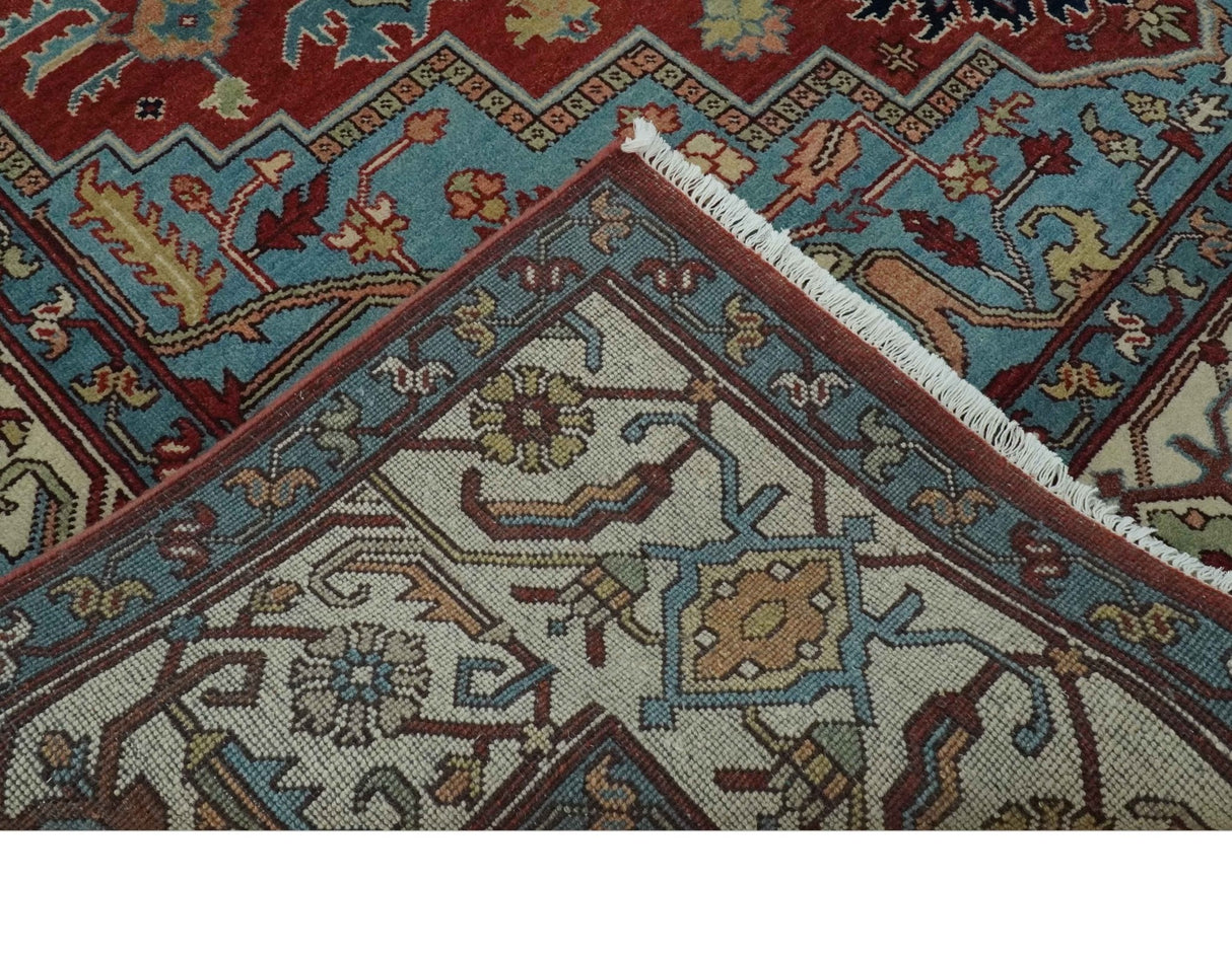 Antique look Rust, Aqua and Ivory Traditional Heriz 9x12 Hand Knotted wool area rug