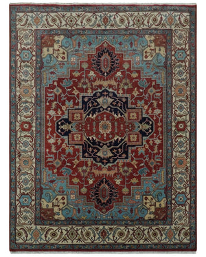 Antique look Rust, Aqua and Ivory Traditional Heriz 9x12 Hand Knotted wool area rug