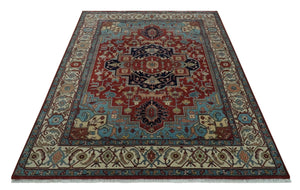 Antique look Rust, Aqua and Ivory Traditional Heriz 9x12 Hand Knotted wool area rug