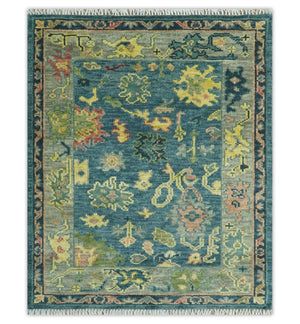 Antique look Teal and Olive Hand Knotted Traditional Oushak Custom Made wool rug