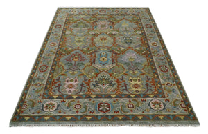 Antique Moss All Wool Traditional Persian Silver, Rust and Green Hand knotted Oushak Area Rug