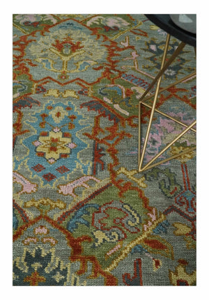 Antique Moss All Wool Traditional Persian Silver, Rust and Green Hand knotted Oushak Area Rug
